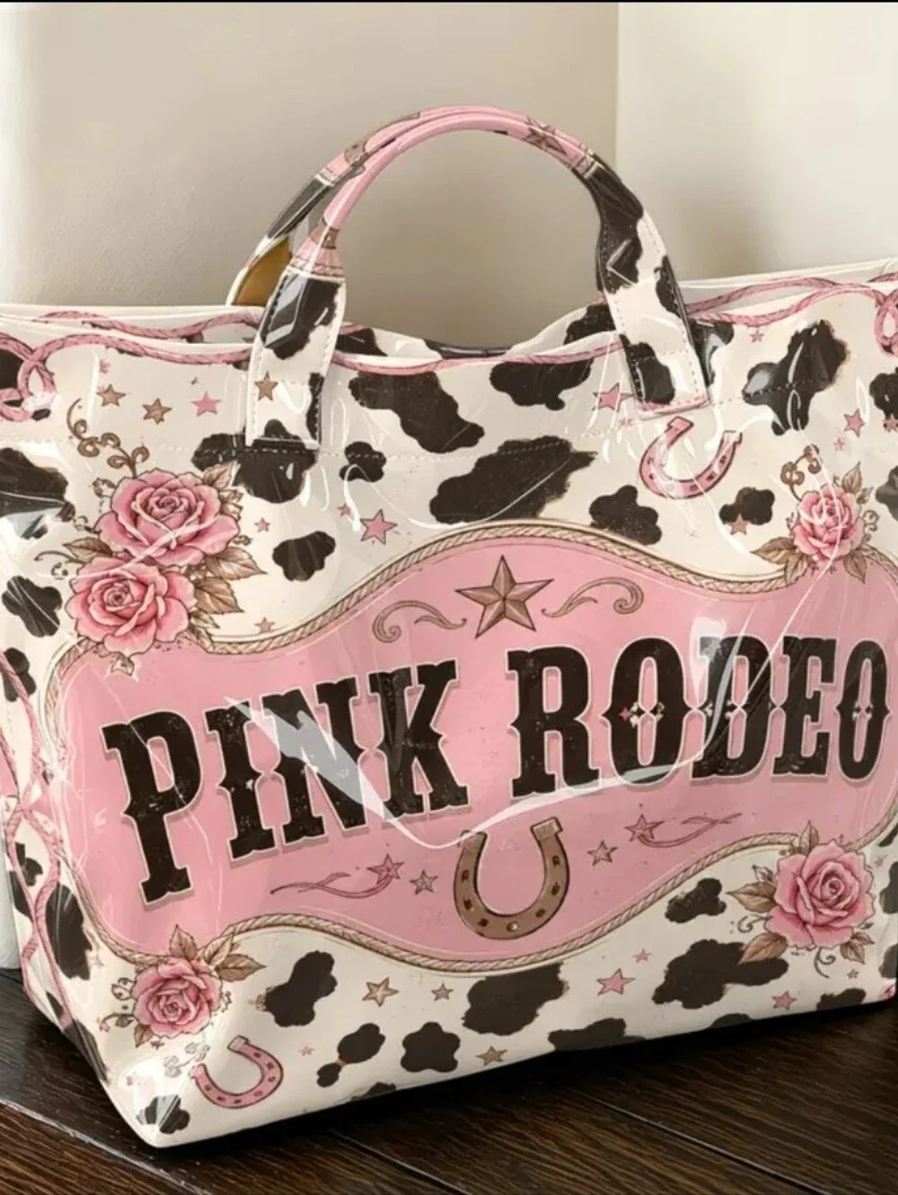 Women Westwrn Pink Cow Print Large PVC Daily Commute Bag